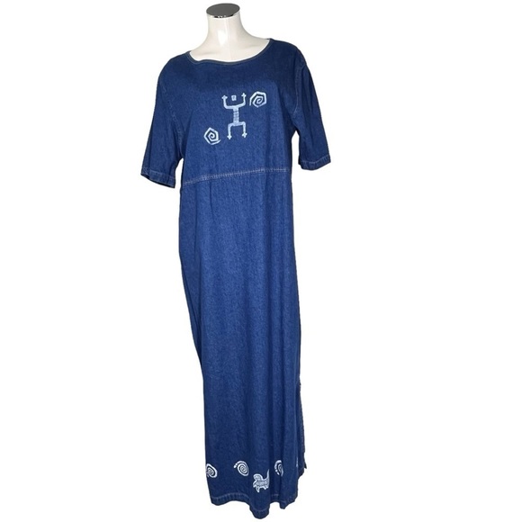 VTG BLUE CACTUS Aztec Short Sleeve Maxi Denim Dress and Jacket Women's Size 1X - Picture 2 of 16